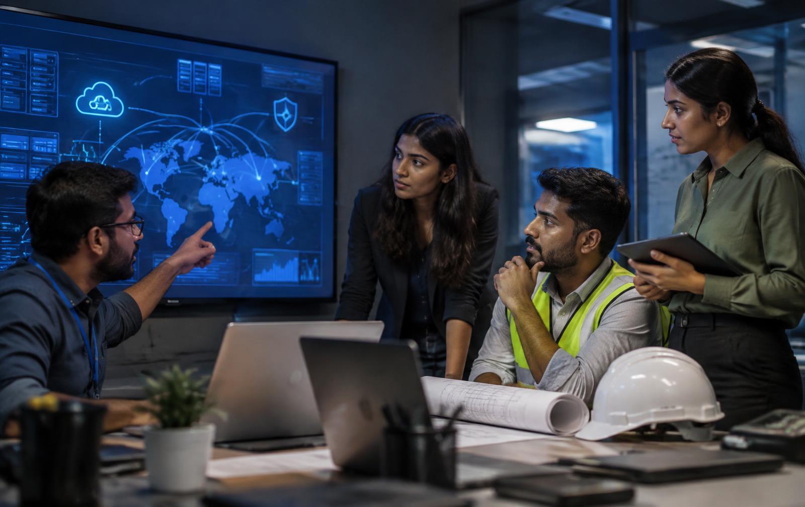 Network engineer, cybersecurity analyst, civil engineer and supply specialist reviewing a network diagram together