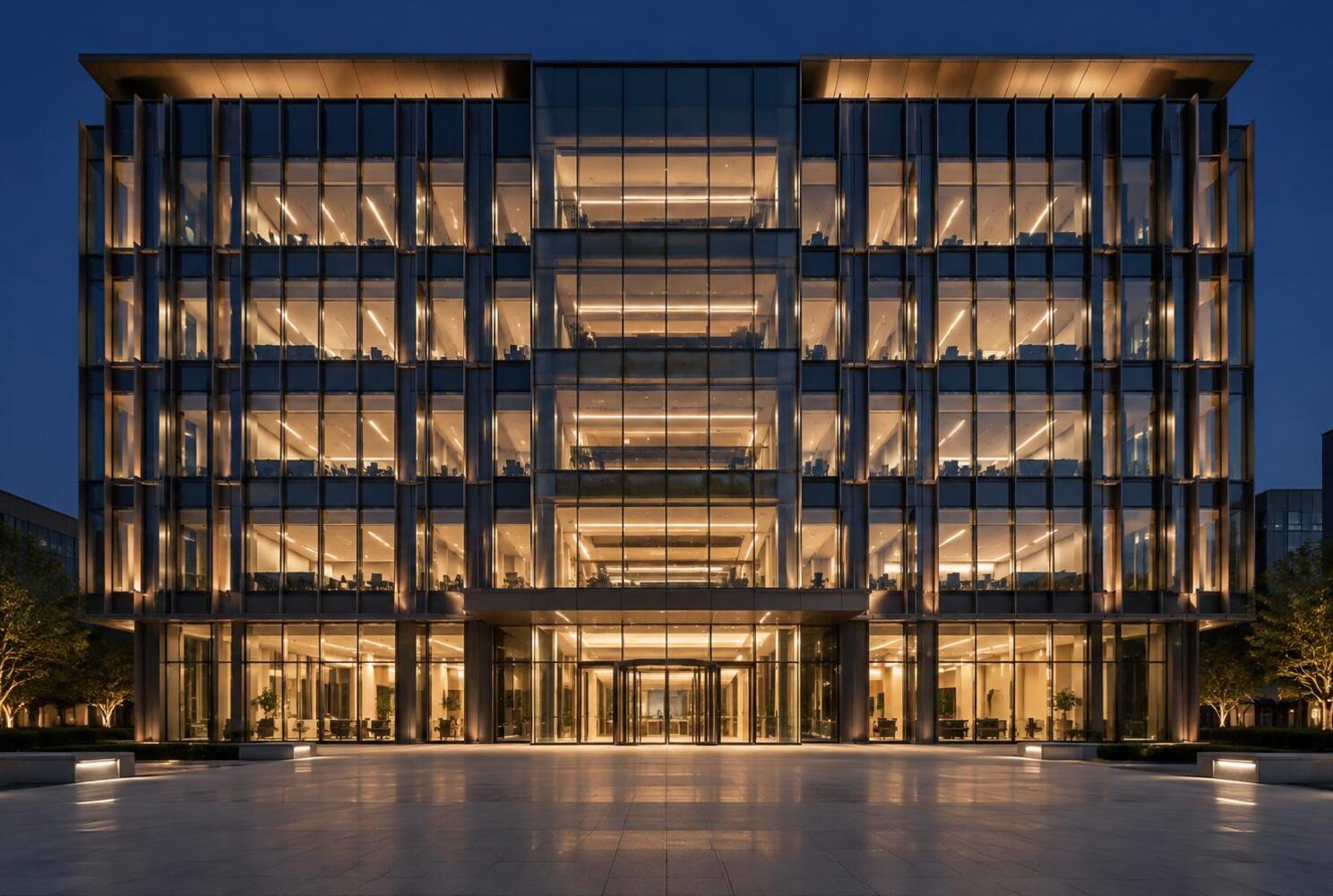 Completed six-storey corporate office with glass curtain wall