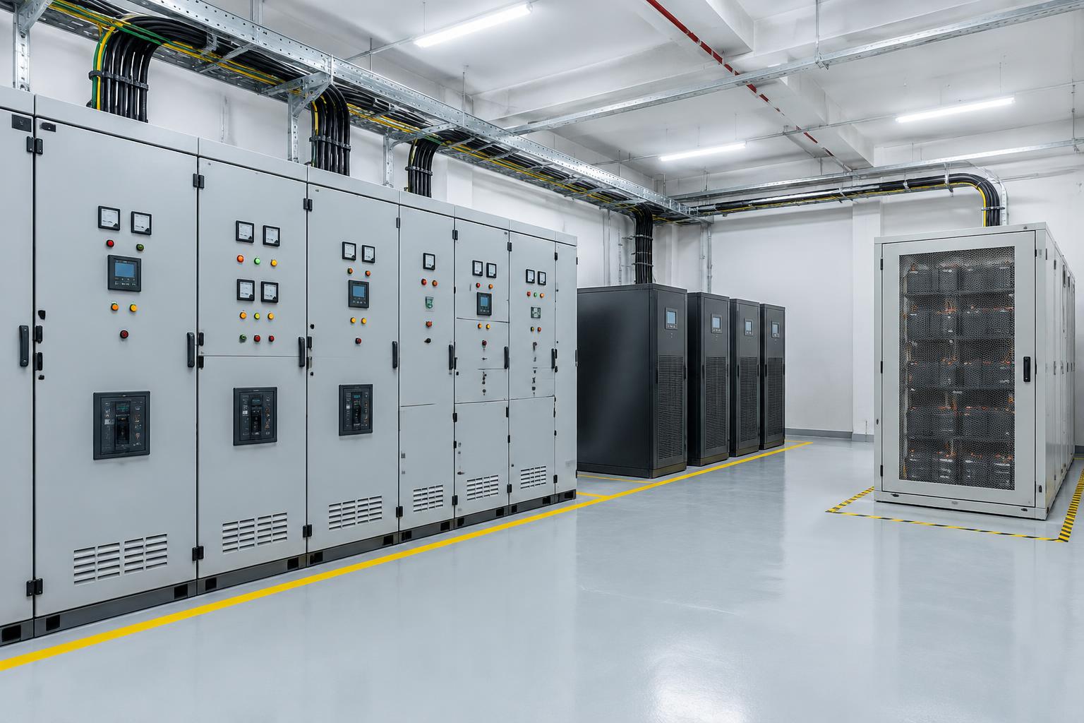 Illustrative electrical power room with switchgear, UPS and battery cabinets