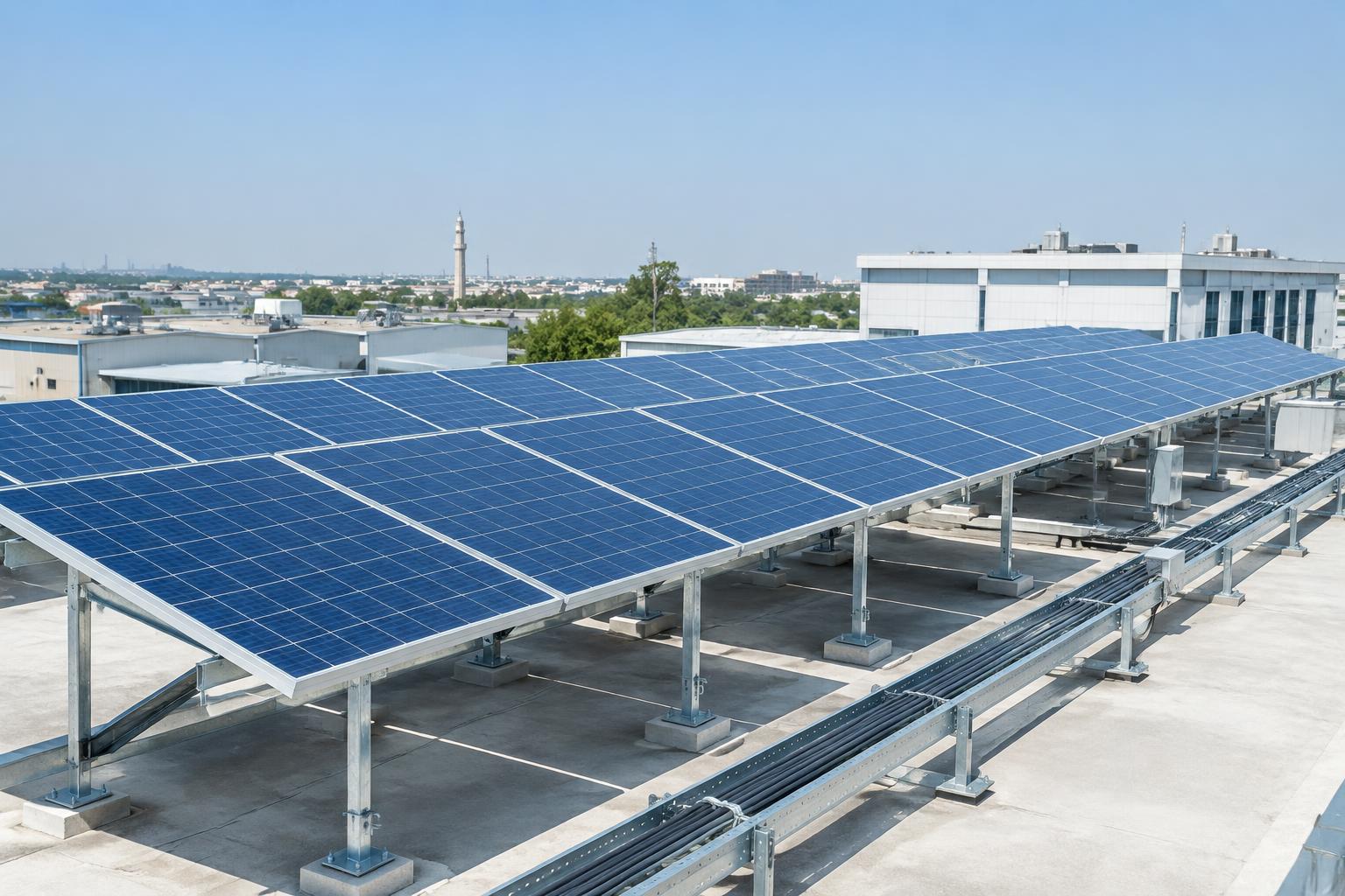 Illustrative rooftop solar array with mounting structures and cable trays